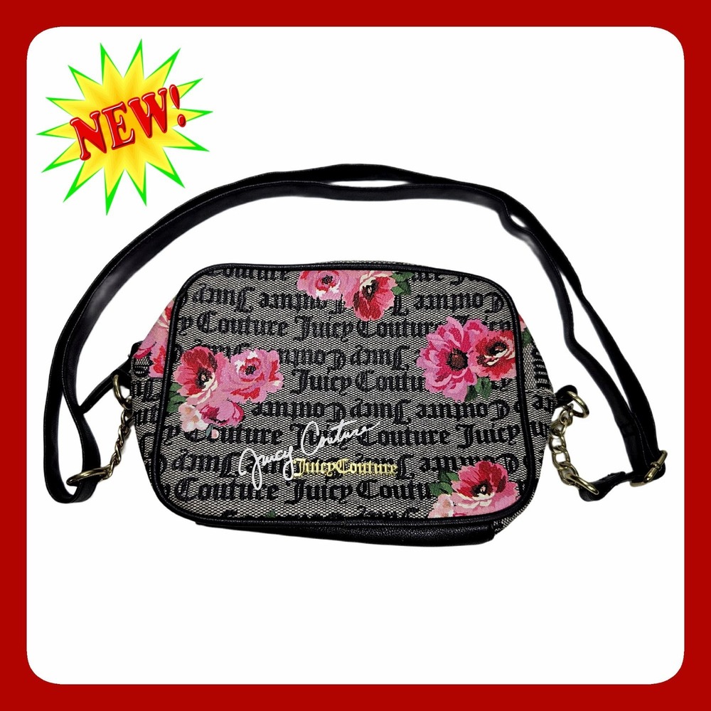 Juicy Couture Monogram Floral Crossbody Bag Black Grey Gold Hardware Small Purse